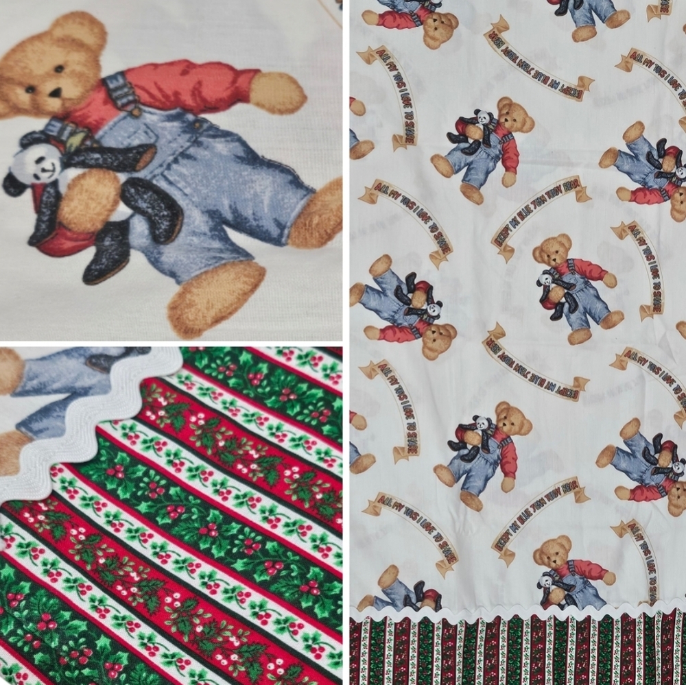 Blue Jean Teddy Vintage Kids Pillowcase Handmade Christmas Poinsetta Holiday VTG